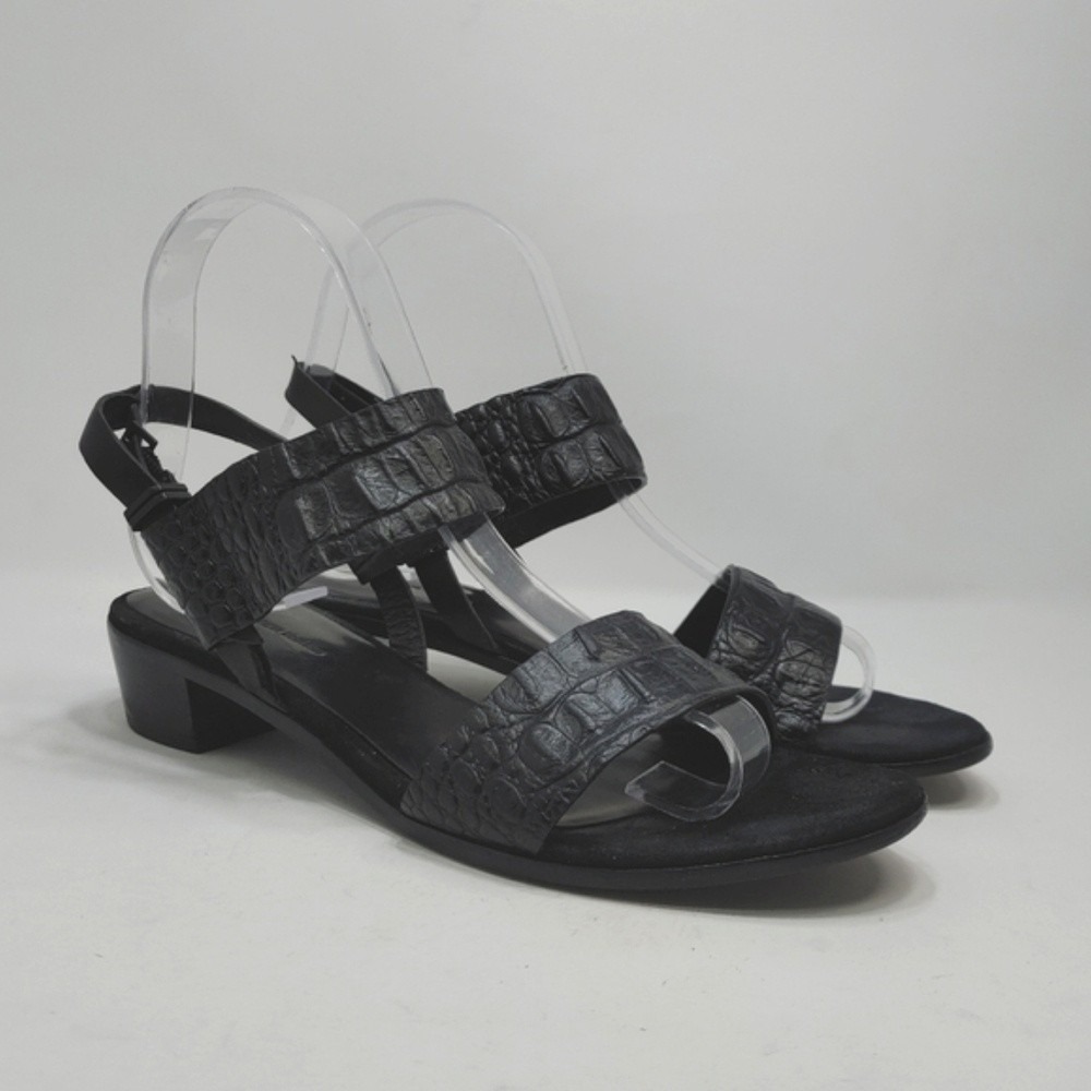 Alexander Wang Chiara‎ Sandal Black Croc Embossed Leather 36.5 Low Stacked Heel